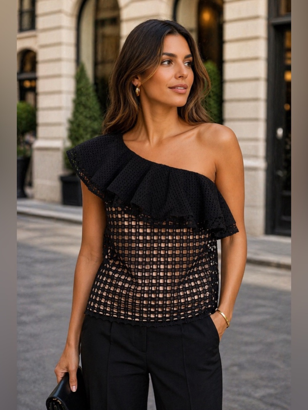 J.Crew One-Shoulder Ruffle Eyelet Top – Black/Nude Lined